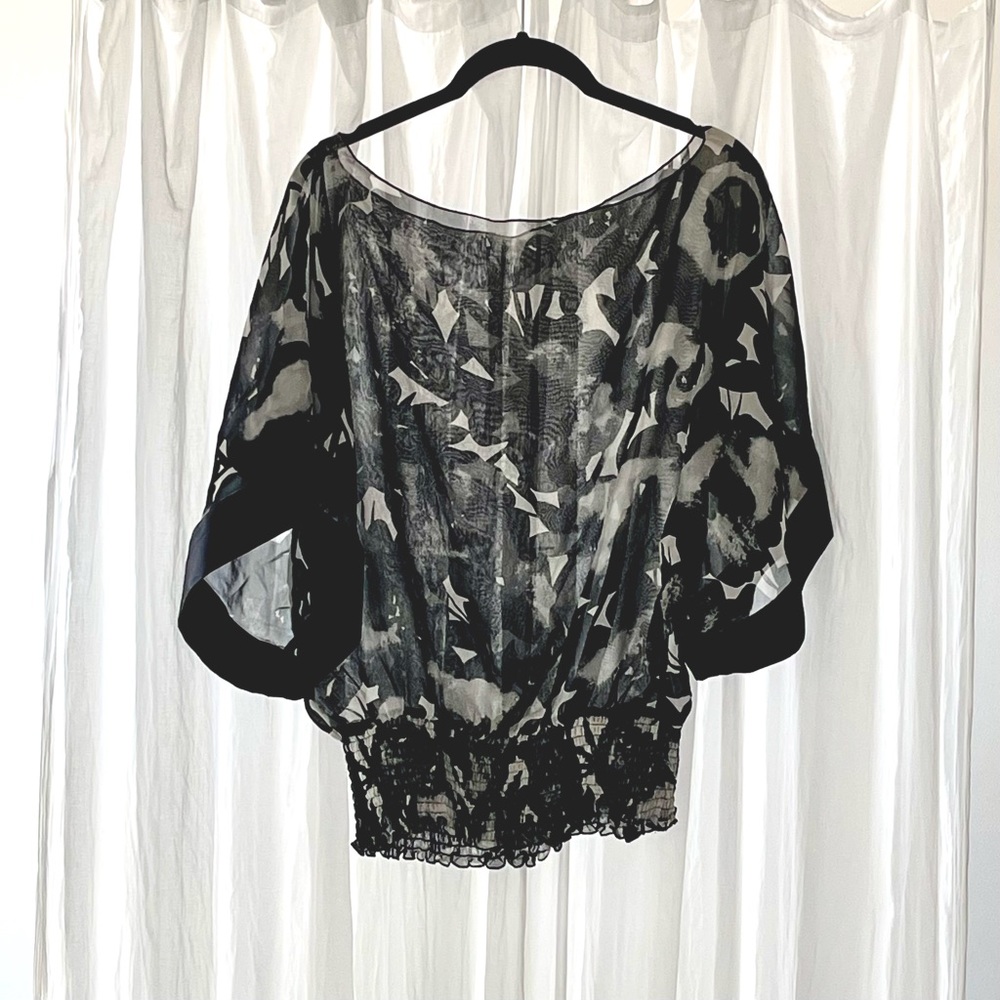 Sheer Abstract Black and White Top with Gathered Waist and Dolman Style Sleeves